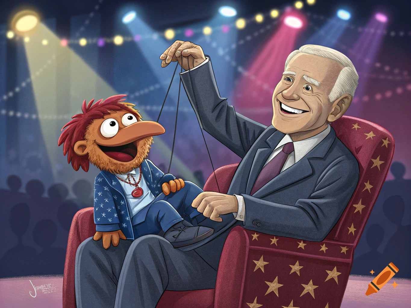 Cartoon of Joe Biden as a ventriloquist with a puppet on a stage.