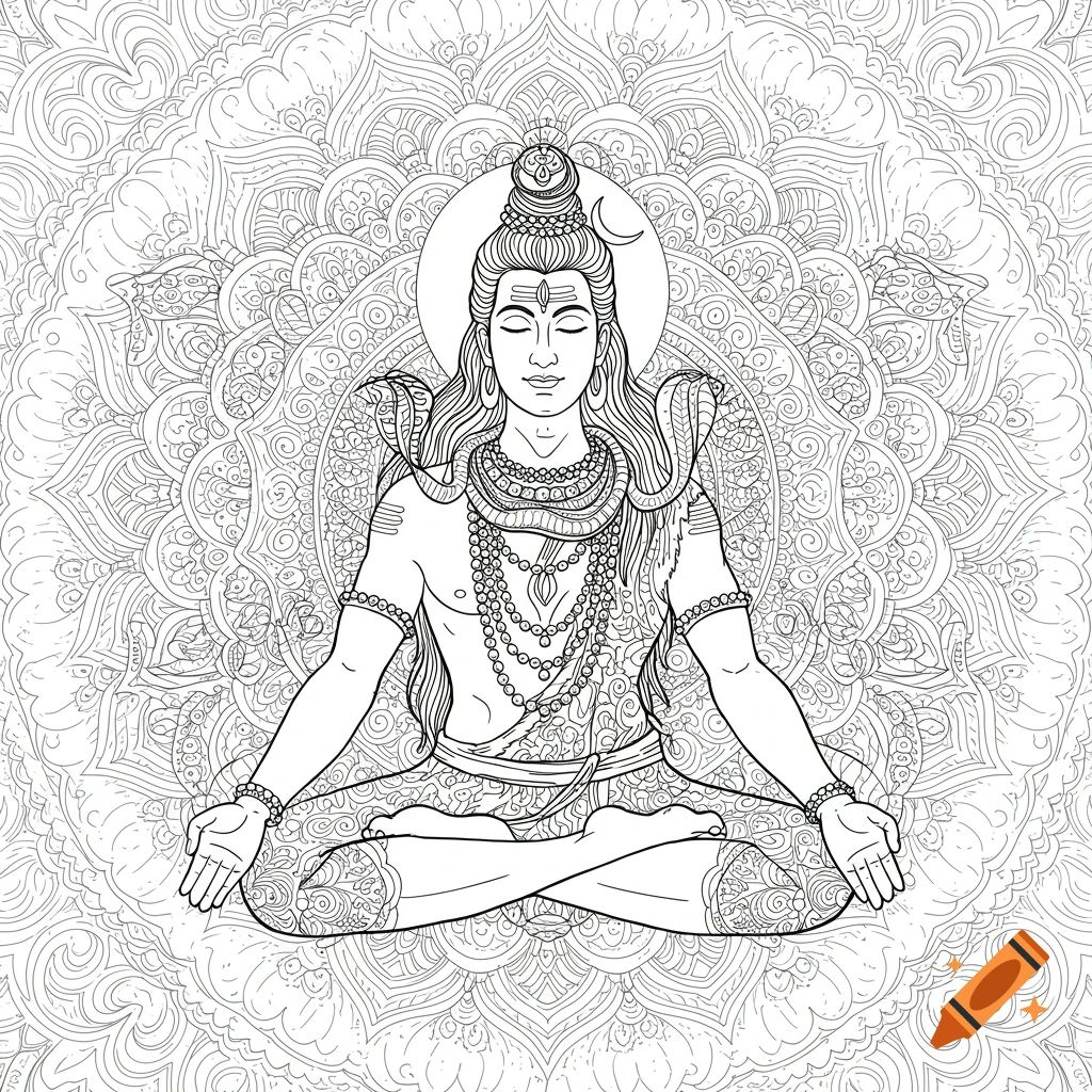 Black and white line art of Lord Shiva meditating in lotus pose with snakes against a mandala background.