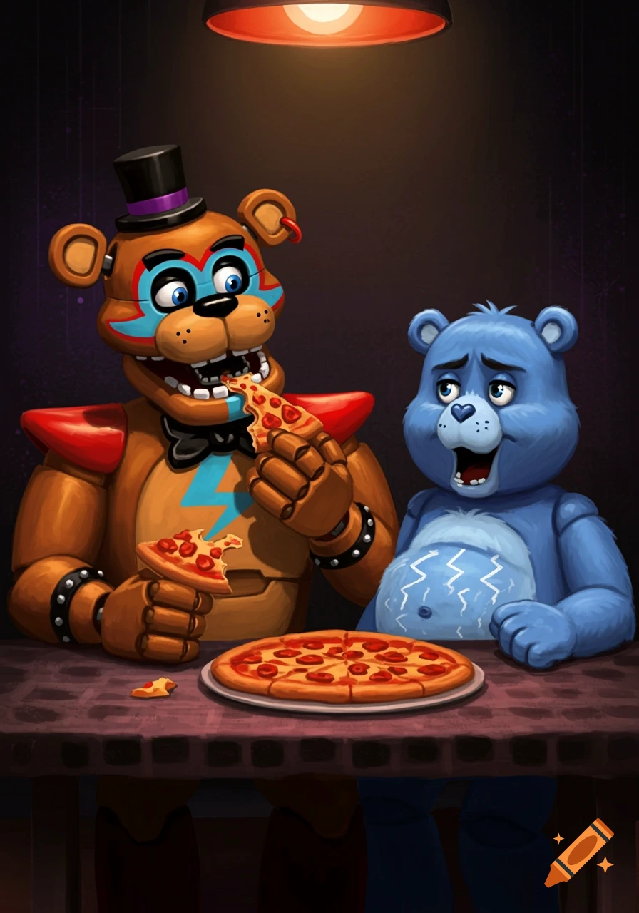 Freddy Fazbear and Grumpy Bear eating pizza at a table, digital illustration.