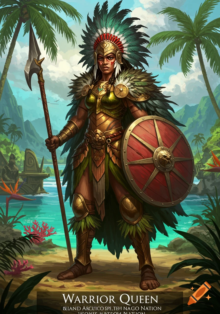 Full shot of a warrior queen in golden armor and feather headdress holding a spear and shield in a tropical island setting.