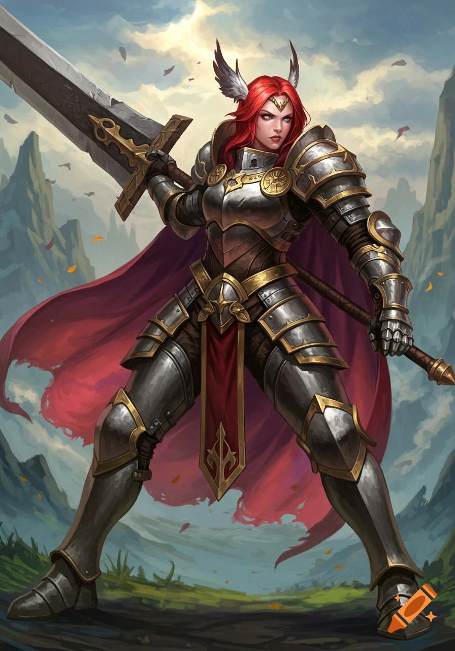A female warrior with red hair and winged helmet stands in full plate armor, holding a greatsword in a mountainous landscape.