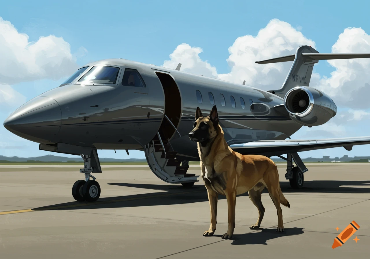 A Belgian Malinois dog stands on an airfield next to a private jet.