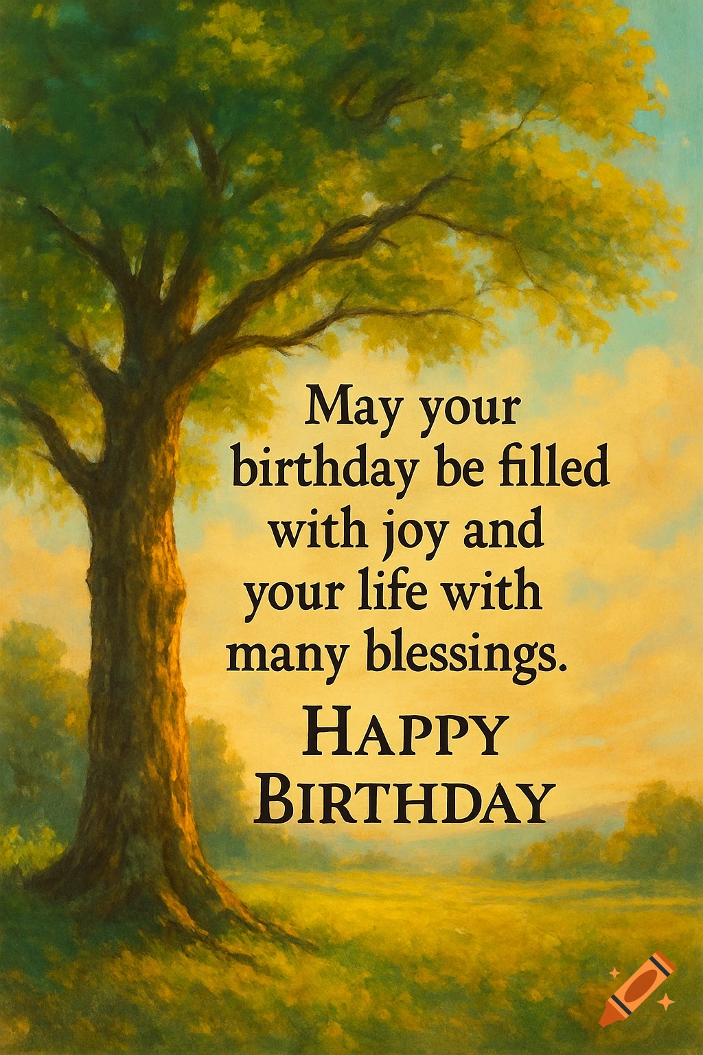 Painting of a large tree in a grassy field with a birthday message.
