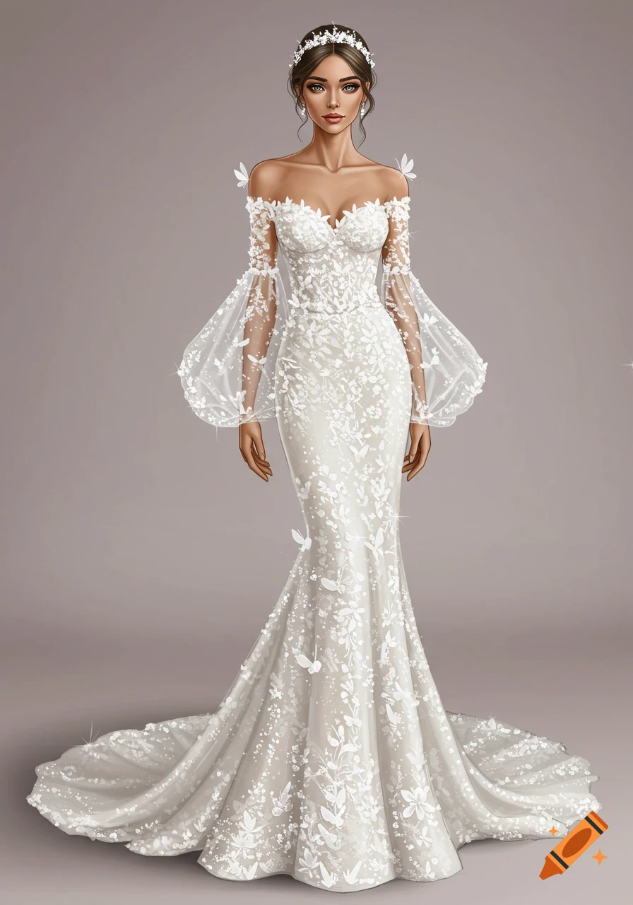Stylized illustration of a woman wearing a white lace wedding dress with butterfly details and bell sleeves.