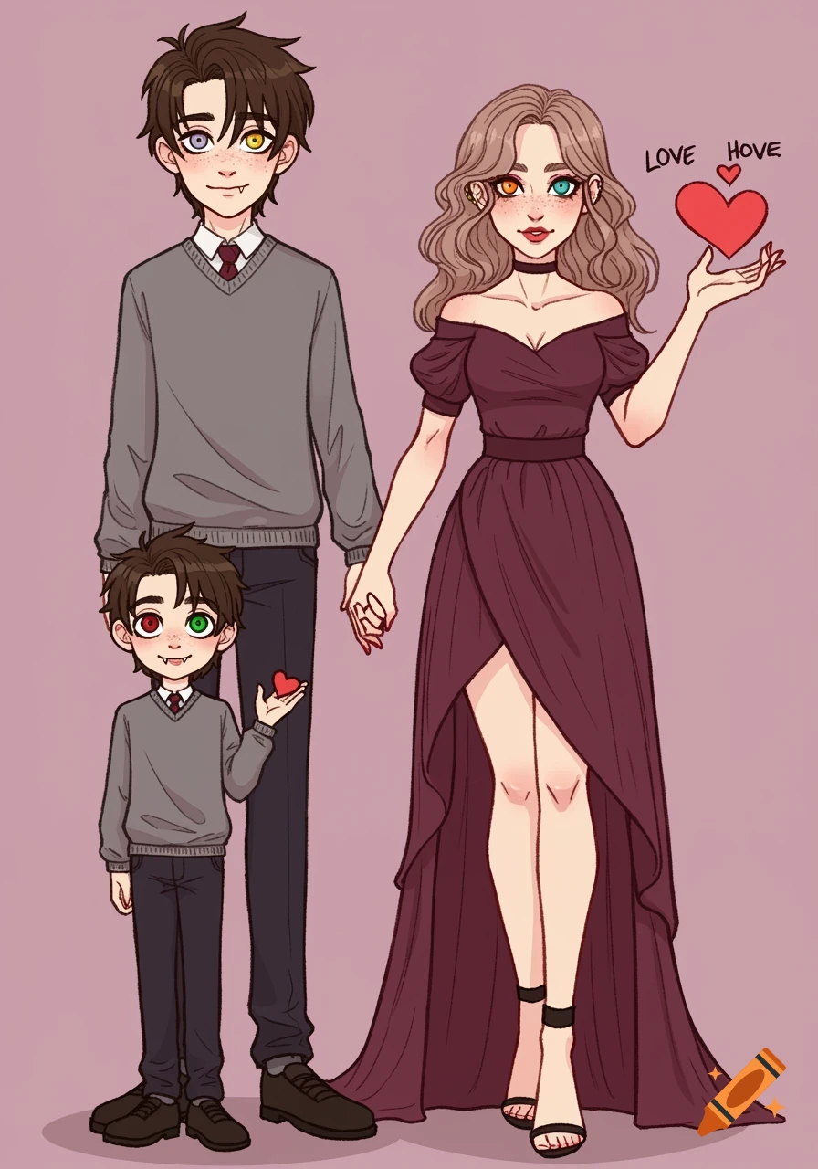 Stylized cartoon portrait of a fantasy family holding hands, with heterochromia, fangs, and hearts.