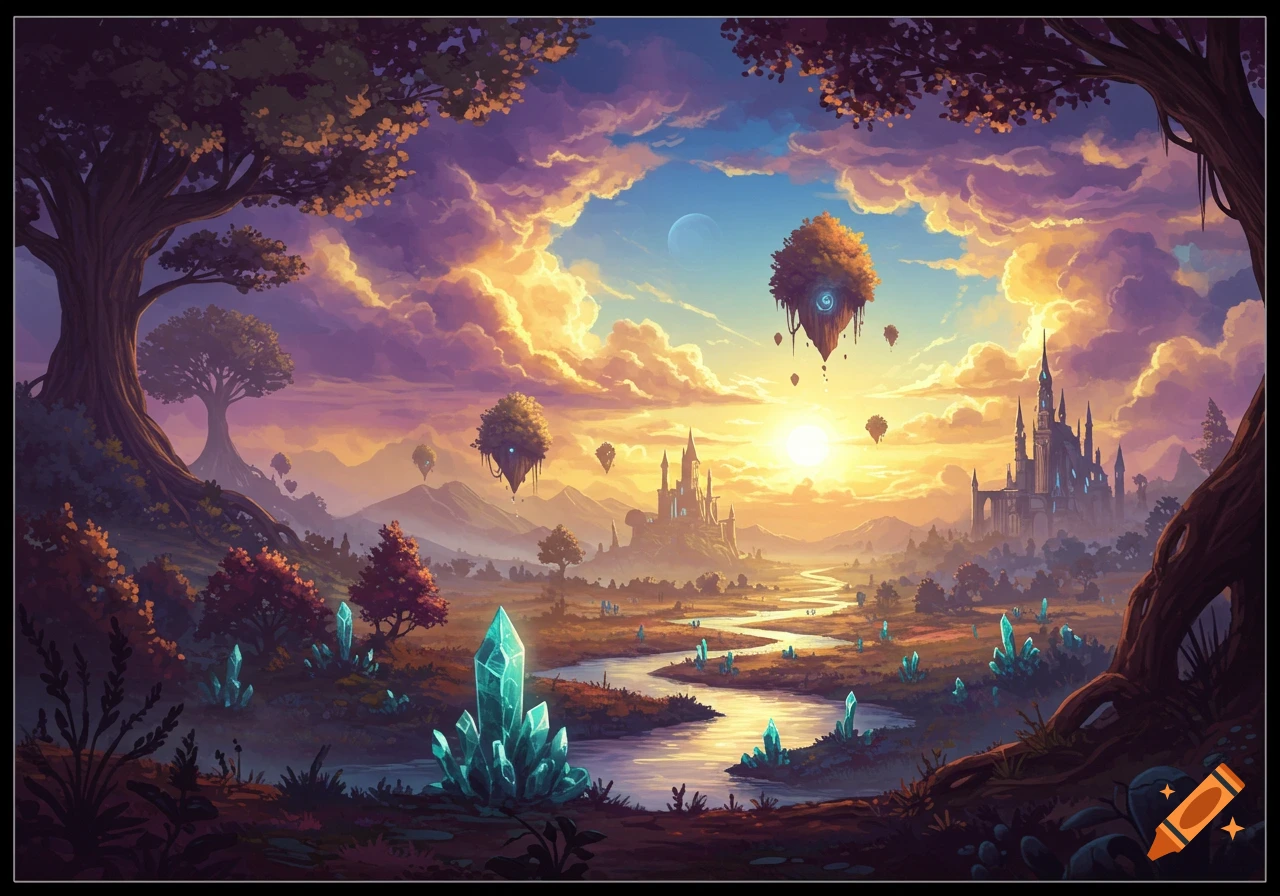 Fantasy landscape with river, crystals, floating islands, and castles at sunset in a painterly style.