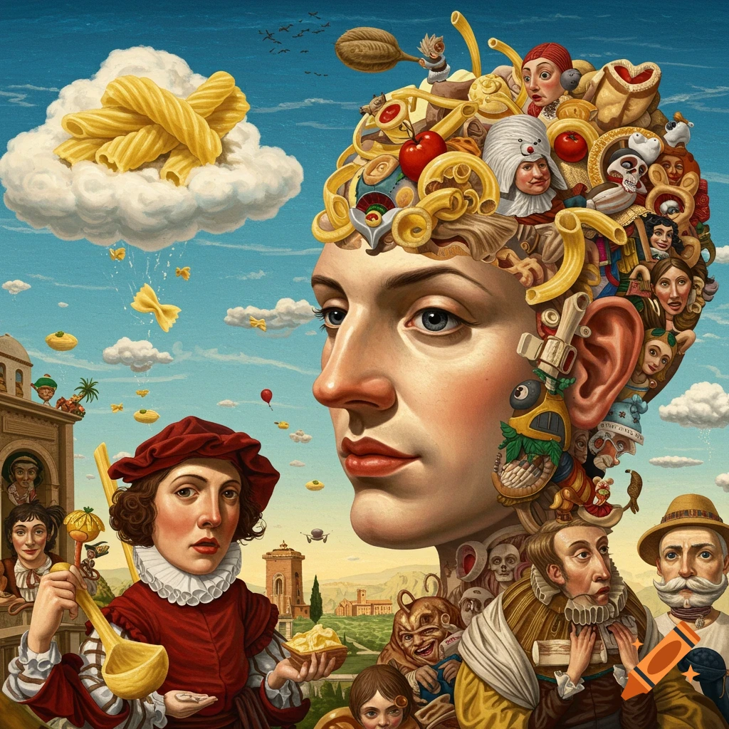 Surreal painting of a head of pasta and faces with figures, flying pasta in Renaissance style