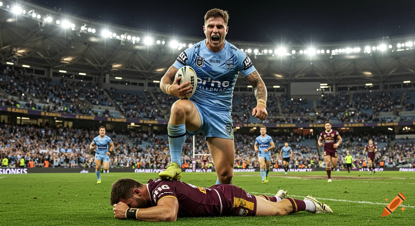 A rugby player in a light blue uniform stands over an opponent in a maroon uniform on the ground in a stadium.