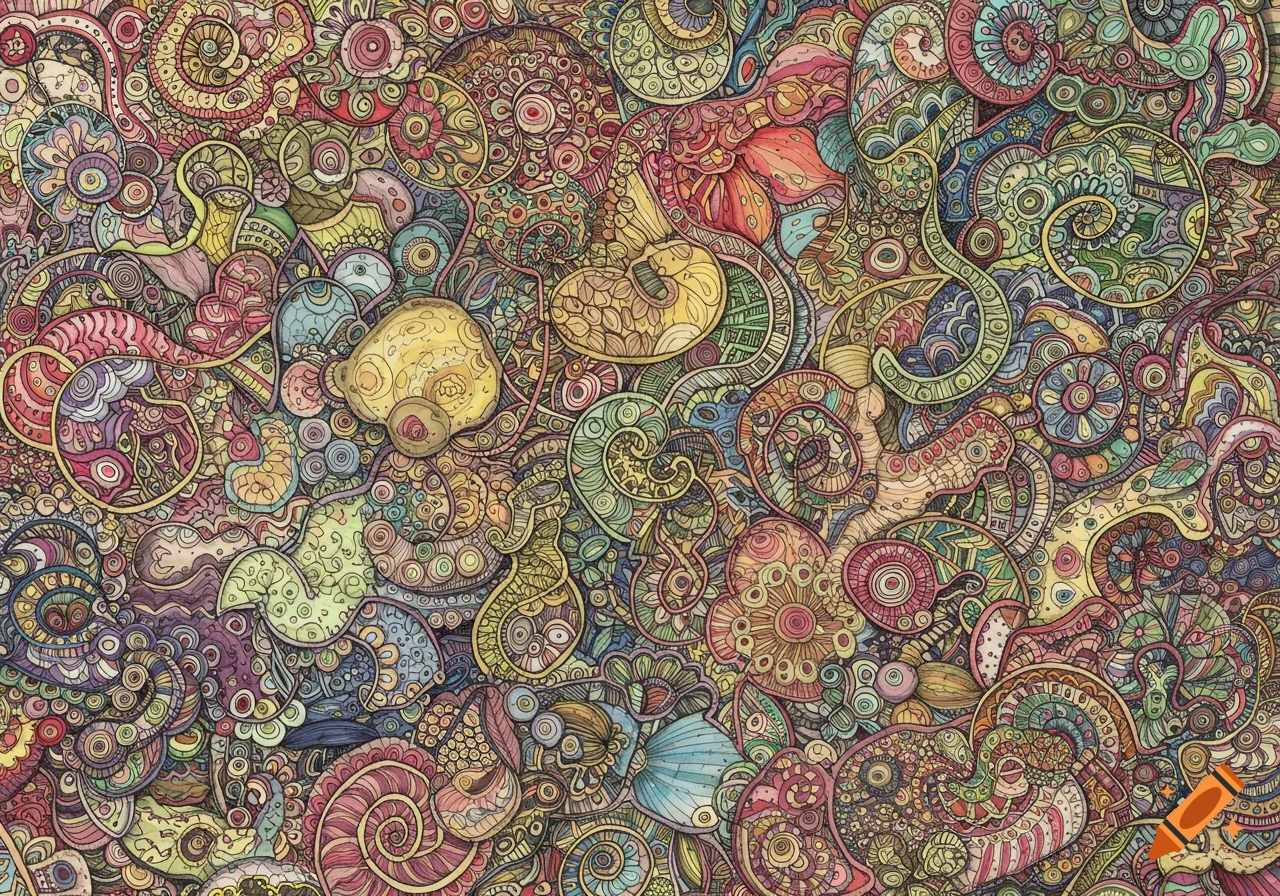 An intricate, colorful, abstract drawing featuring swirling organic shapes and detailed line work.