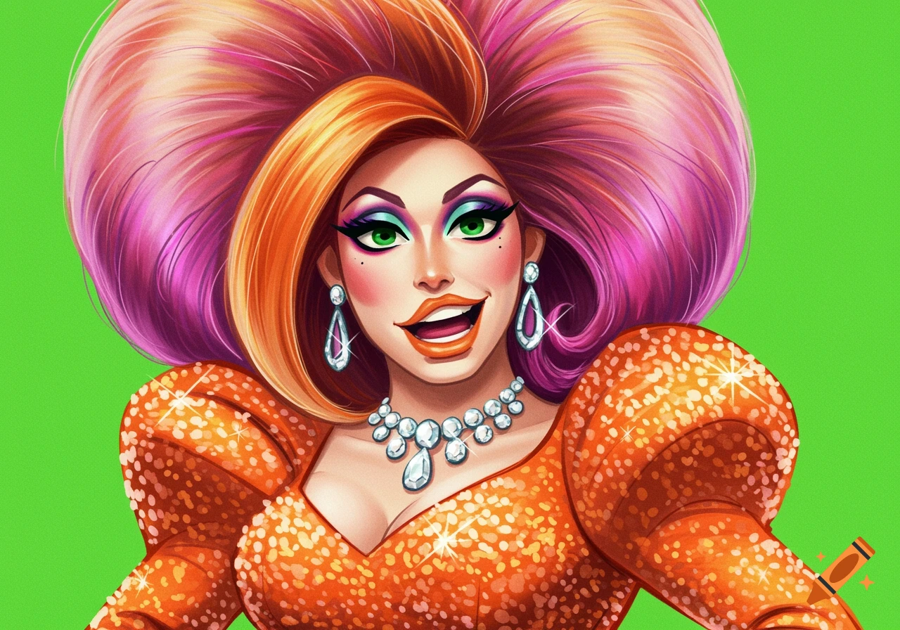 Cartoon portrait of a drag queen with colorful hair and a sparkly dress against a green background.