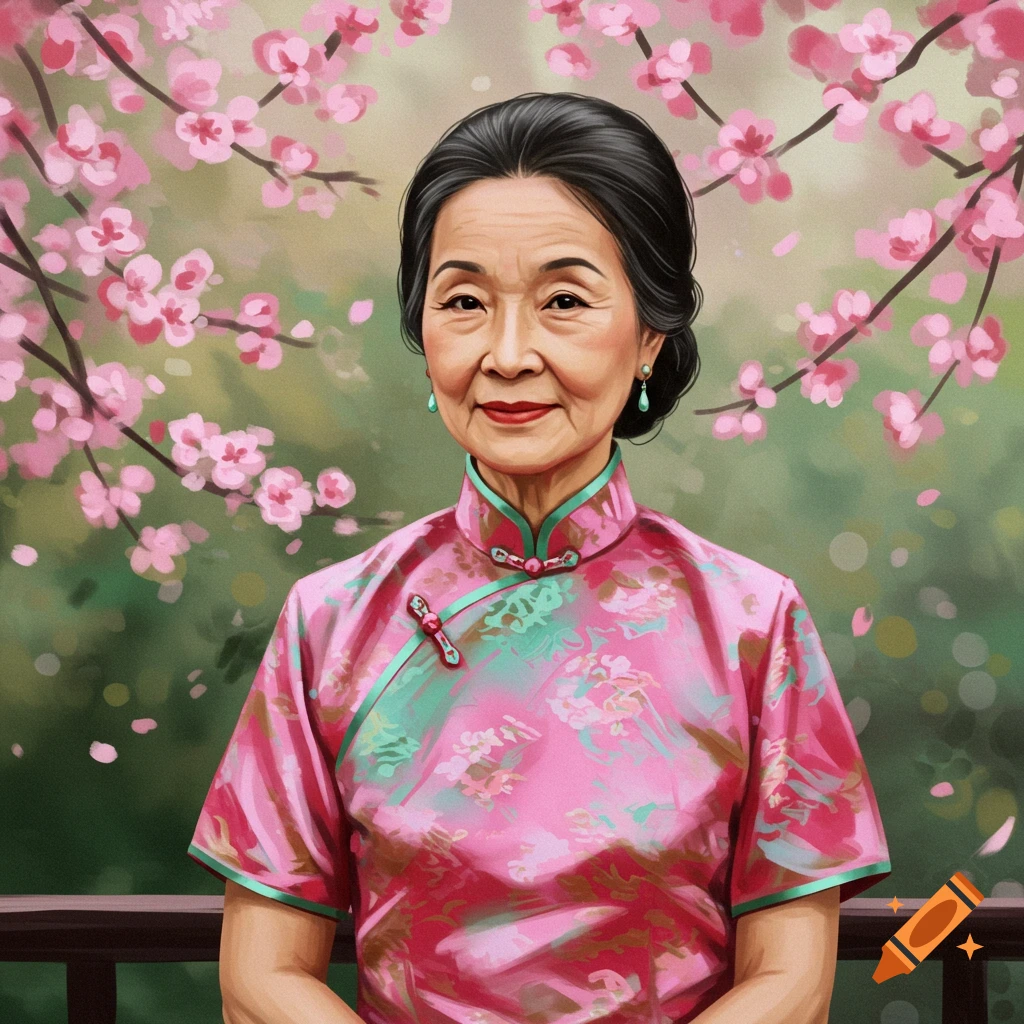 Illustrative portrait of an elderly Asian woman in a pink traditional dress against a background of pink cherry blossoms.