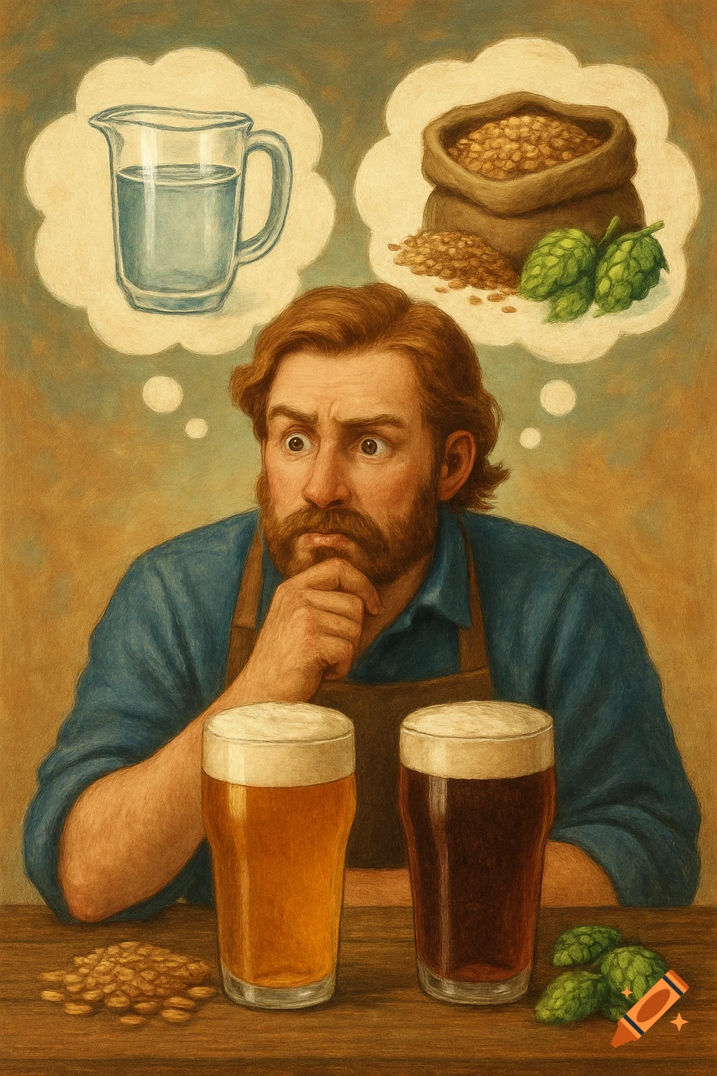 Illustration of a man contemplating brewing ingredients, with thought bubbles showing water, grains, and hops. Two glasses of beer sit on a table.