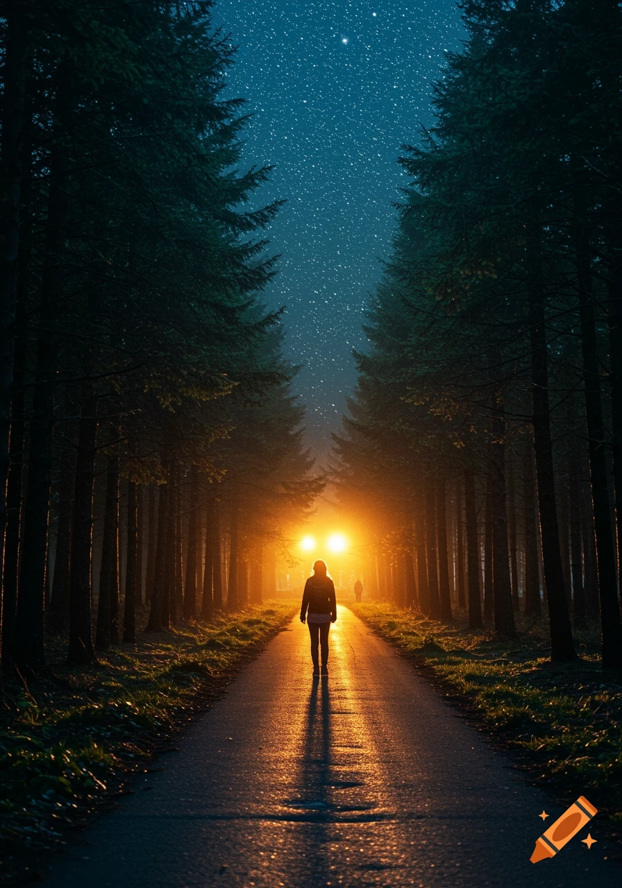 A person walks down a dark road through a forest at night, illuminated by bright lights, under a starry sky.