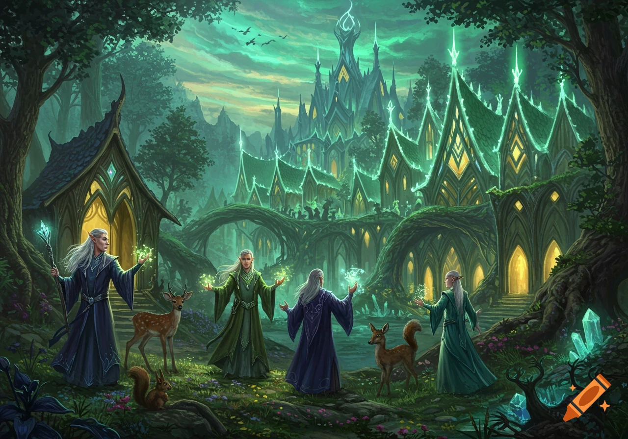 Fantasy digital painting of elves casting magic with woodland creatures before a glowing elven village.