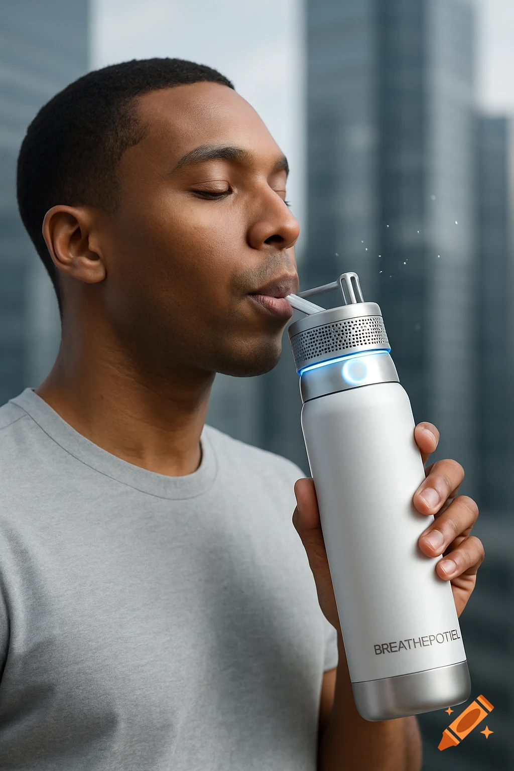 Man drinking from a futuristic silver and white water bottle with blue light accents, product photography.