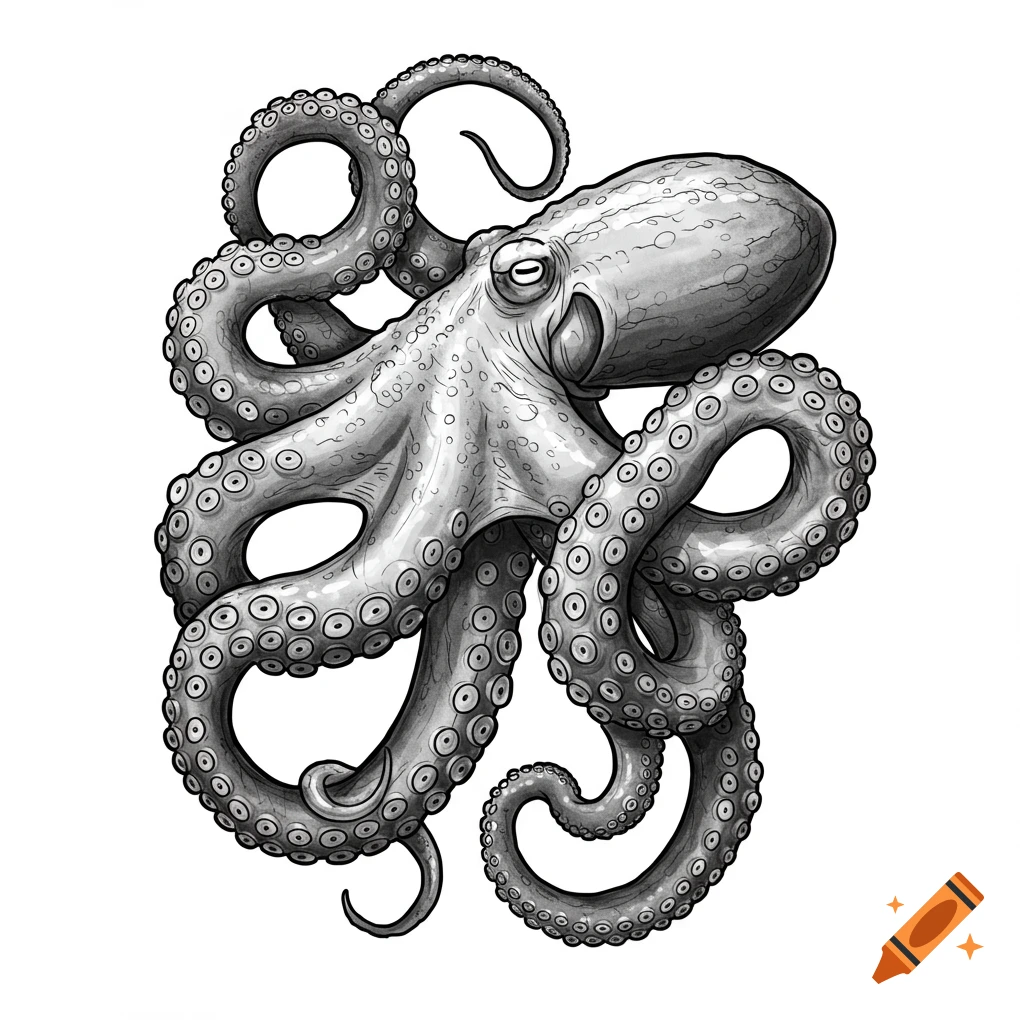 A black and white illustration of an octopus with many tentacles in a tattoo style.