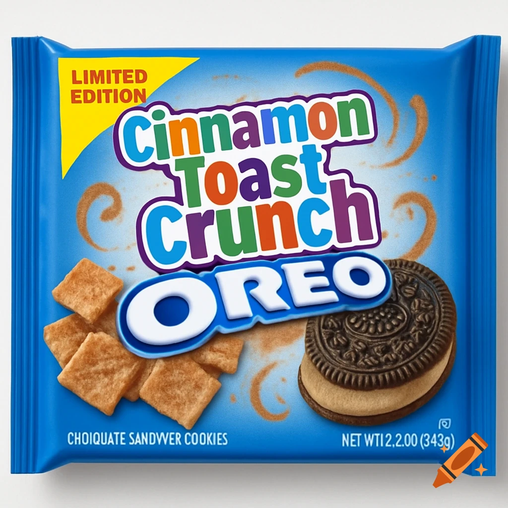 Blue package of Cinnamon Toast Crunch Oreo cookies with sample cookies