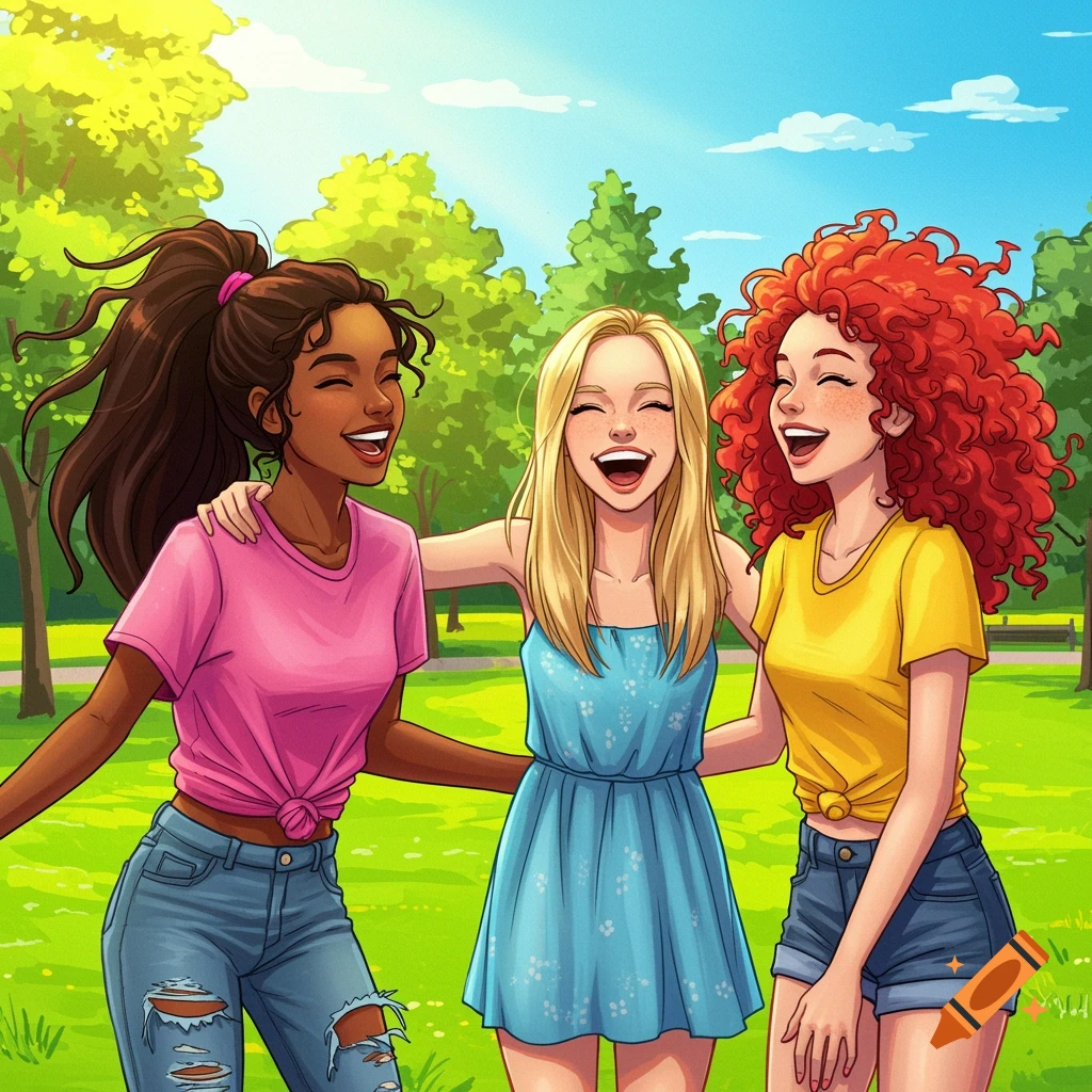 Three young women laugh and hug in a sunny park in an illustration. on ...