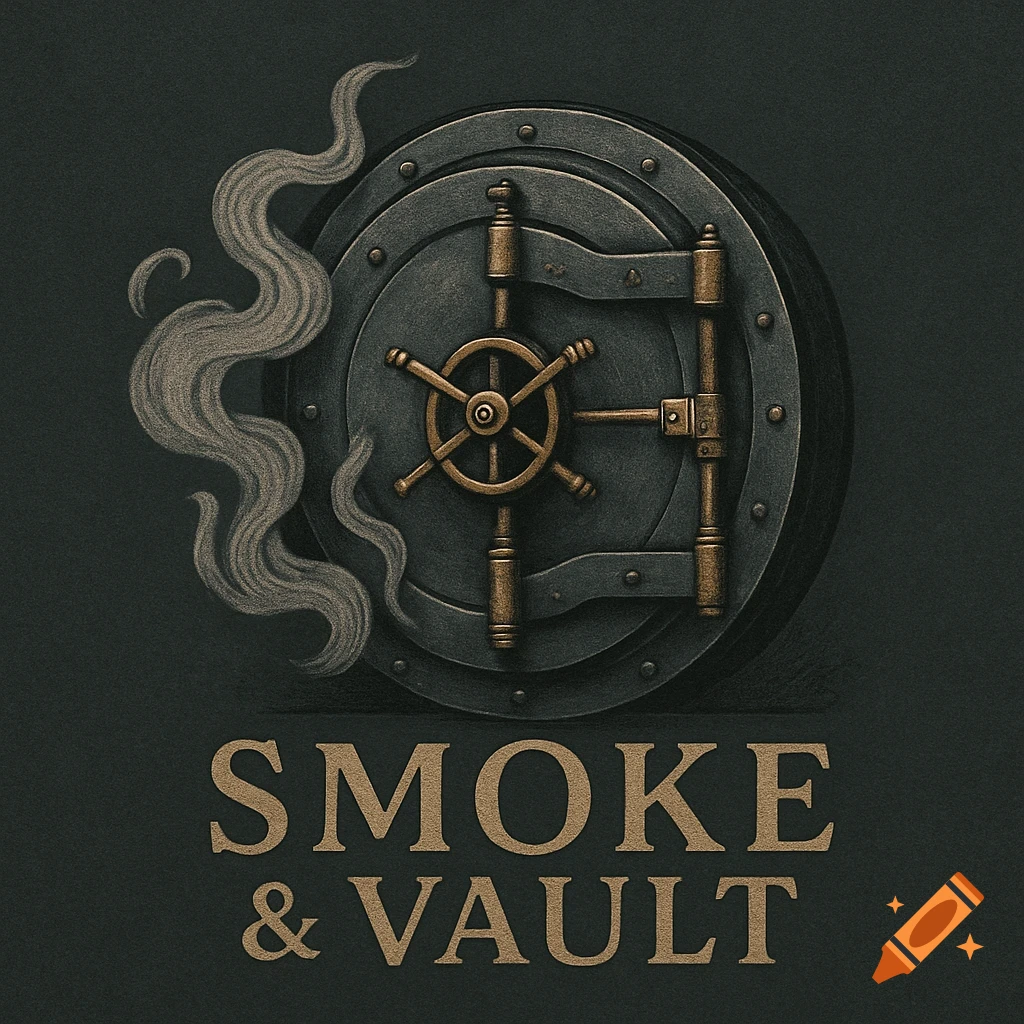 Illustration of a vintage-style vault door with smoke and the words "Smoke & Vault" below.