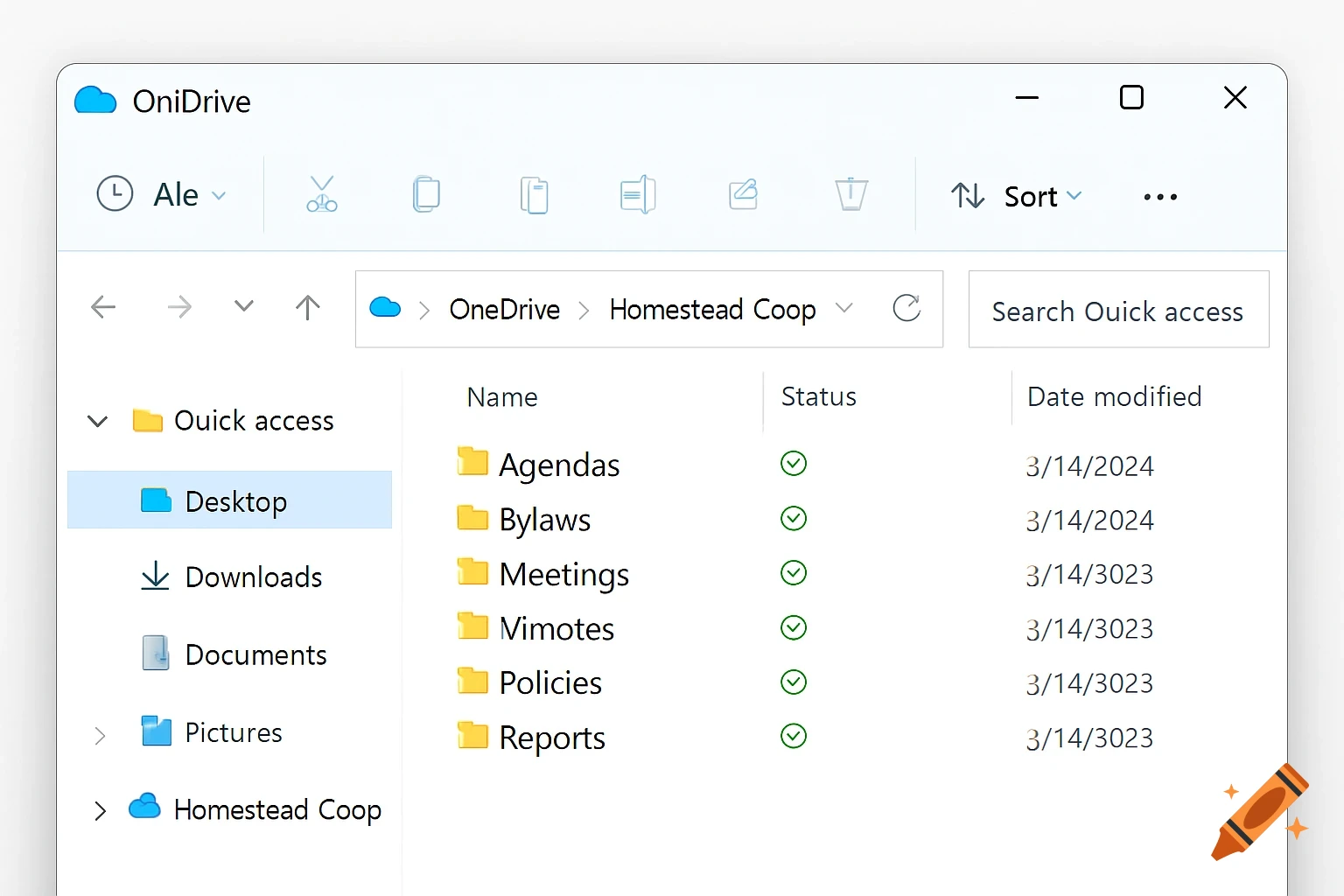 Windows File Explorer window showing file list on OniDrive for Homestead Coop