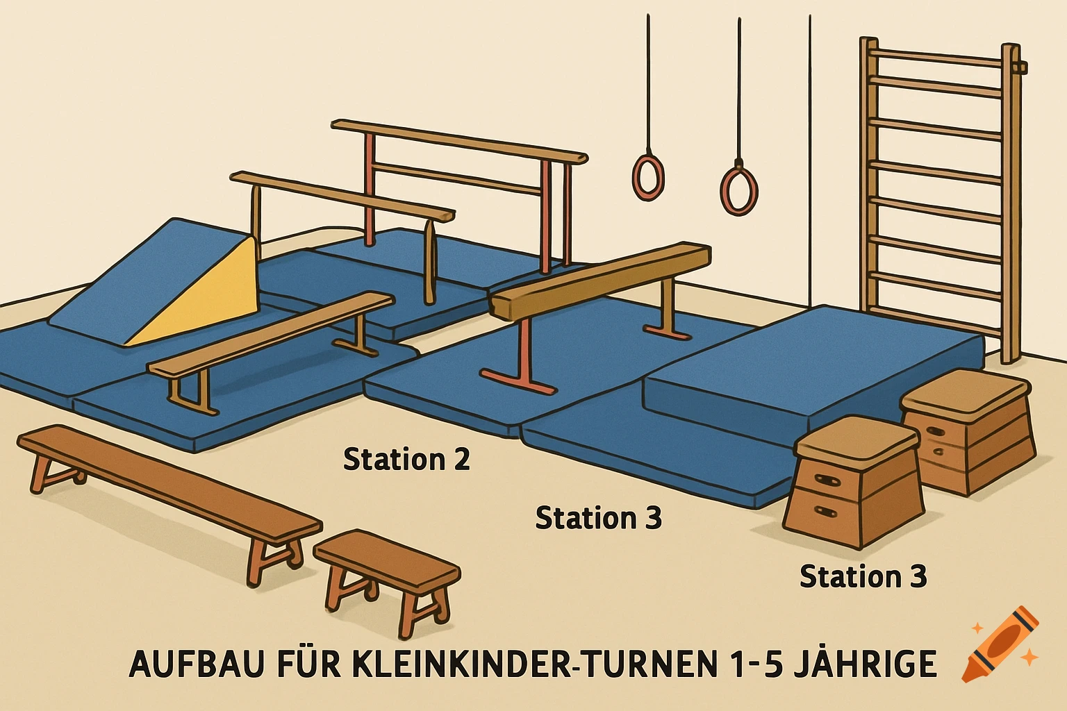Illustration of a children's gymnastics setup with mats, beams, benches, rings, and a ladder.