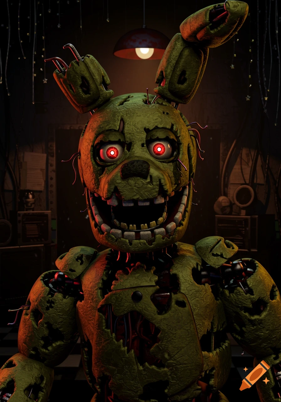 Close-up portrait of Springtrap, a damaged green rabbit animatronic with glowing red eyes, in a dark room.