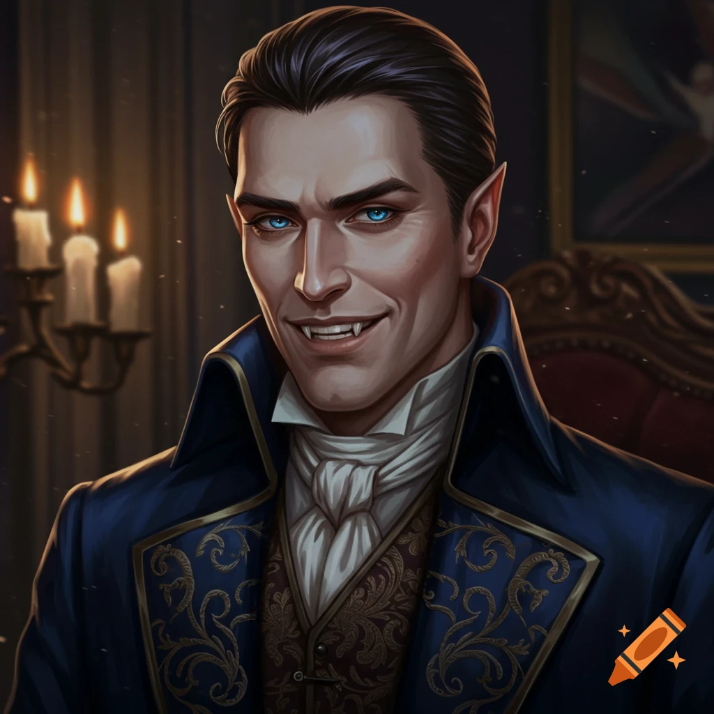 A portrait of a male vampire noble smiling, showing fangs and wearing a blue coat in a formal setting.