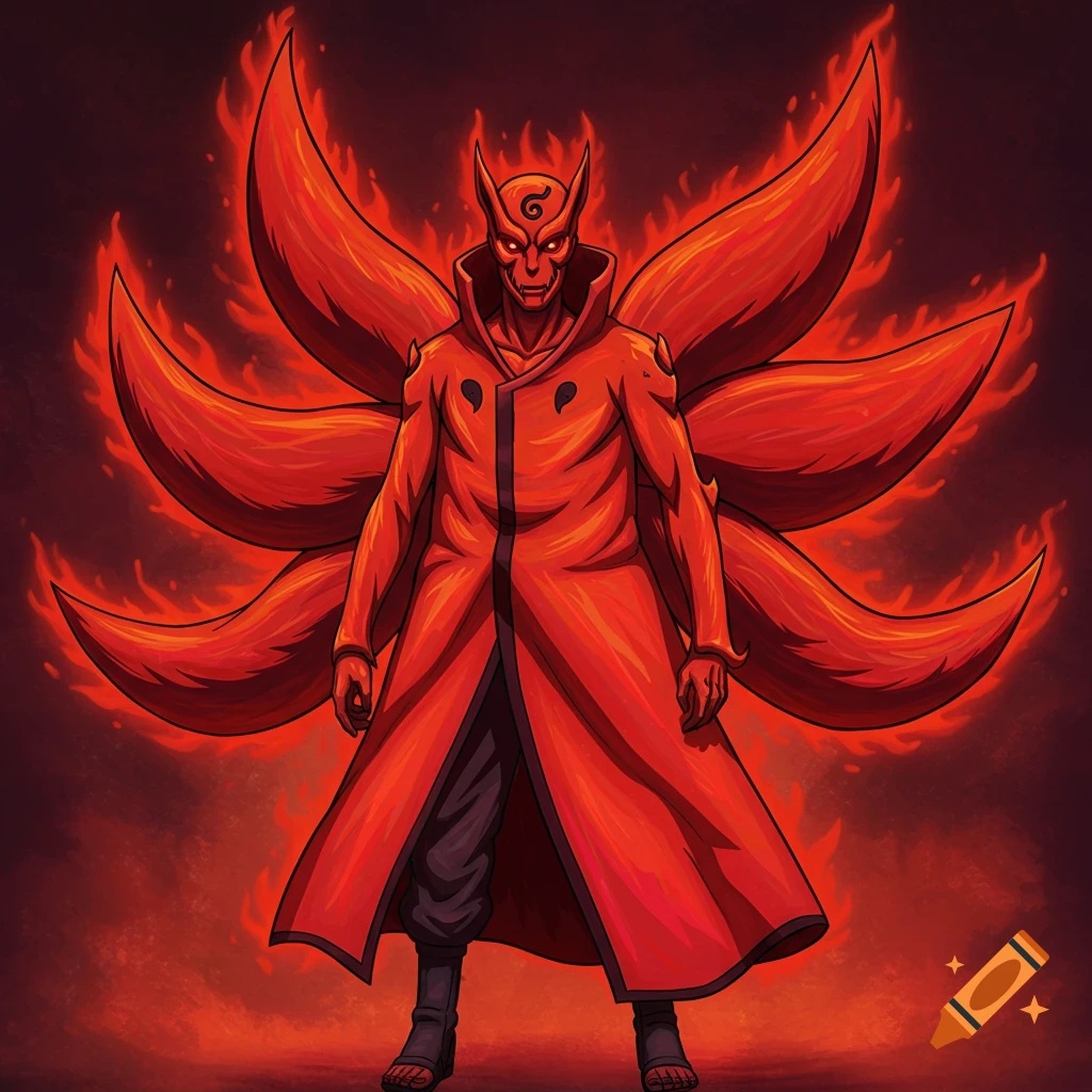 Stylized anime drawing of a red figure with horns, sharp teeth, and nine fiery tails wearing a red cloak.