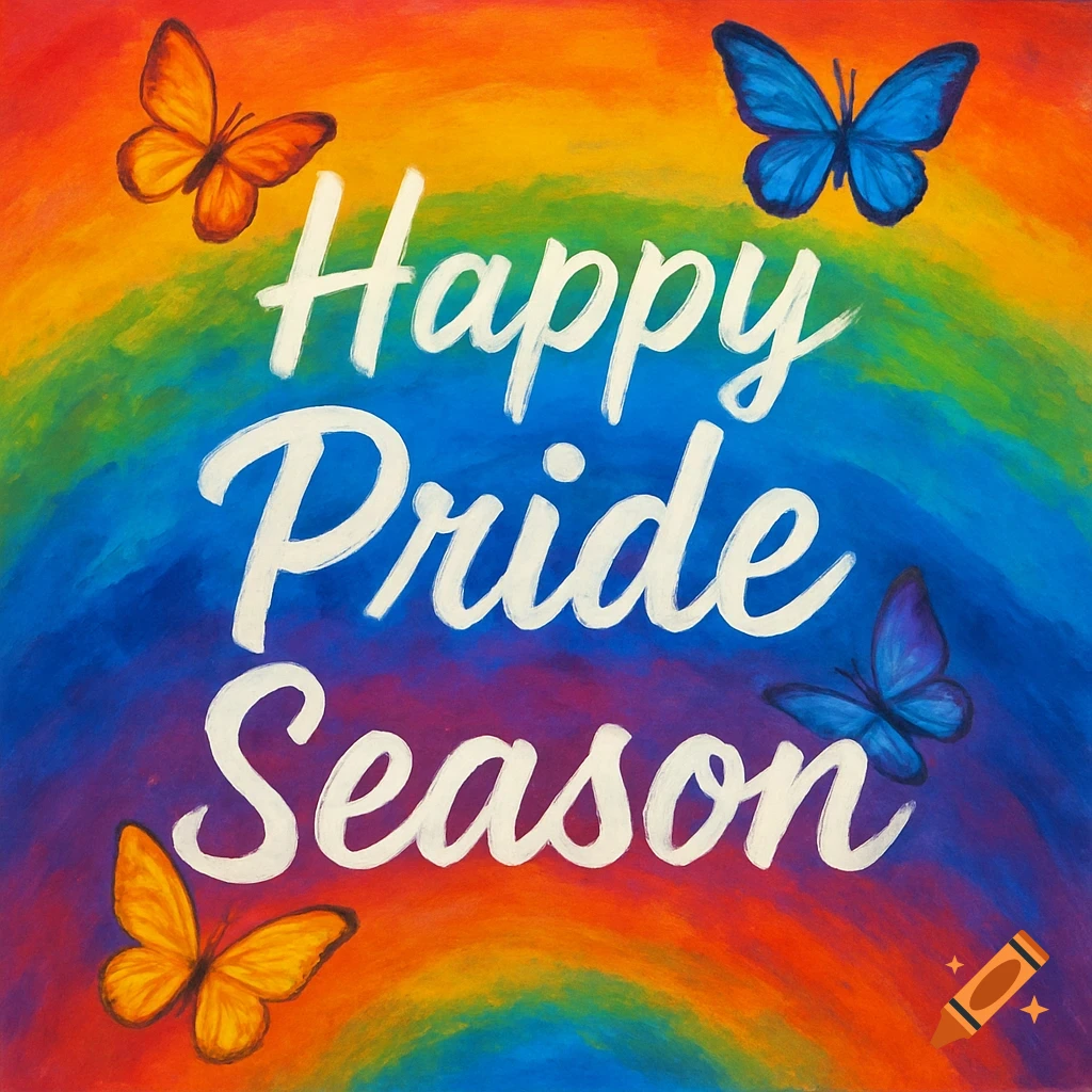 A painting of orange and blue butterflies flying over a vibrant rainbow background with the text "Happy Pride Season" written in white.