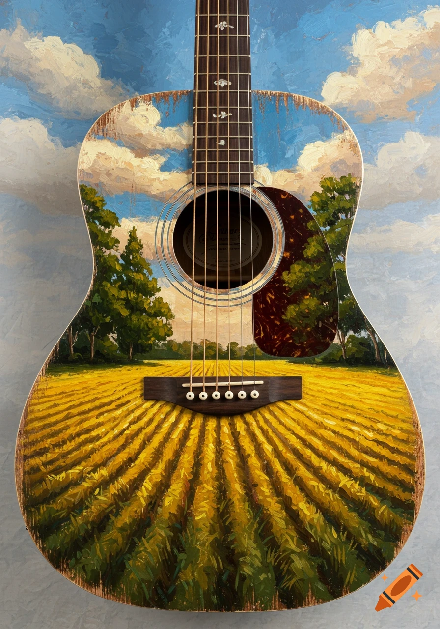 Acoustic guitar with a painted landscape featuring a yellow field and trees under a cloudy sky.