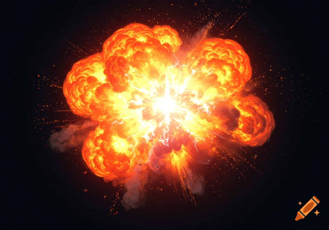 A large fiery explosion with sparks and smoke against a black background.