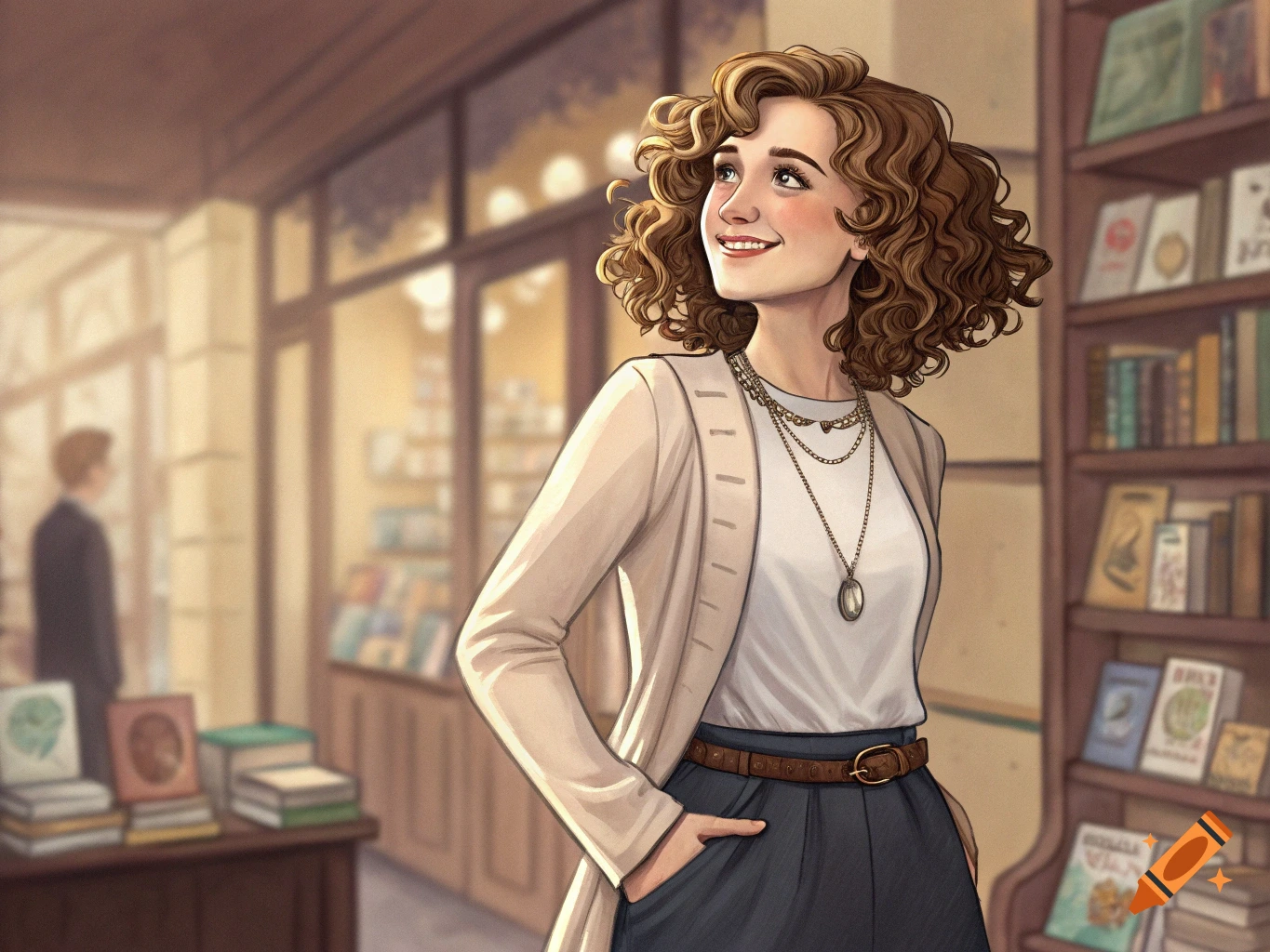 Illustration of a smiling woman with curly hair in a bookstore.