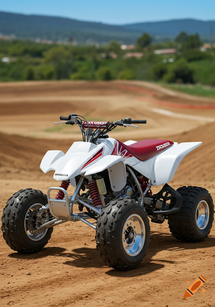 A white and maroon Honda TRX250R quad bike sits on a dirt track.