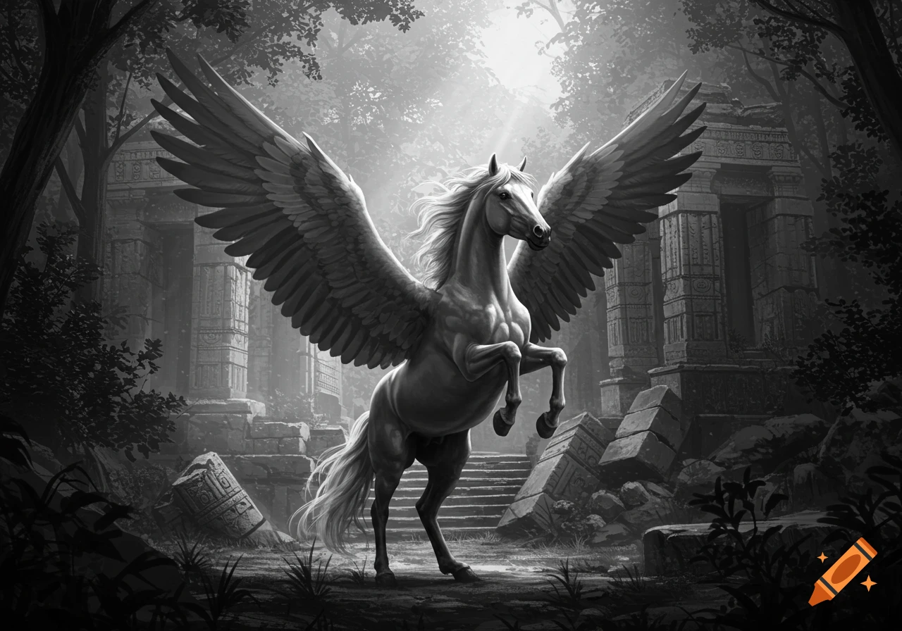 Grayscale illustration of a Pegasus rearing up with wings outstretched amid ancient ruins in a forest.