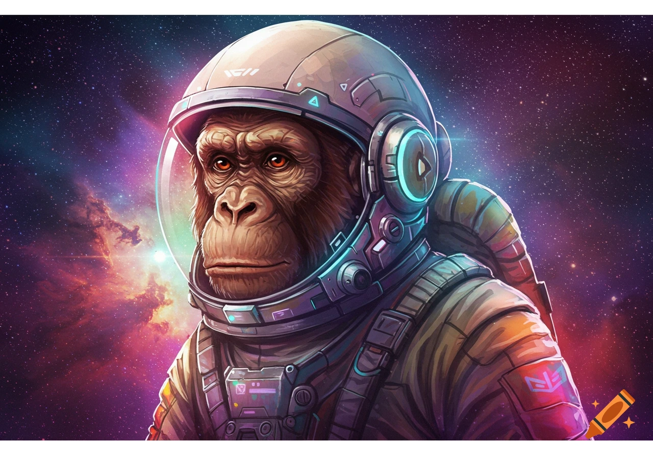 Detailed illustration of an ape wearing a futuristic astronaut helmet and suit, set against a vibrant starry galaxy background.