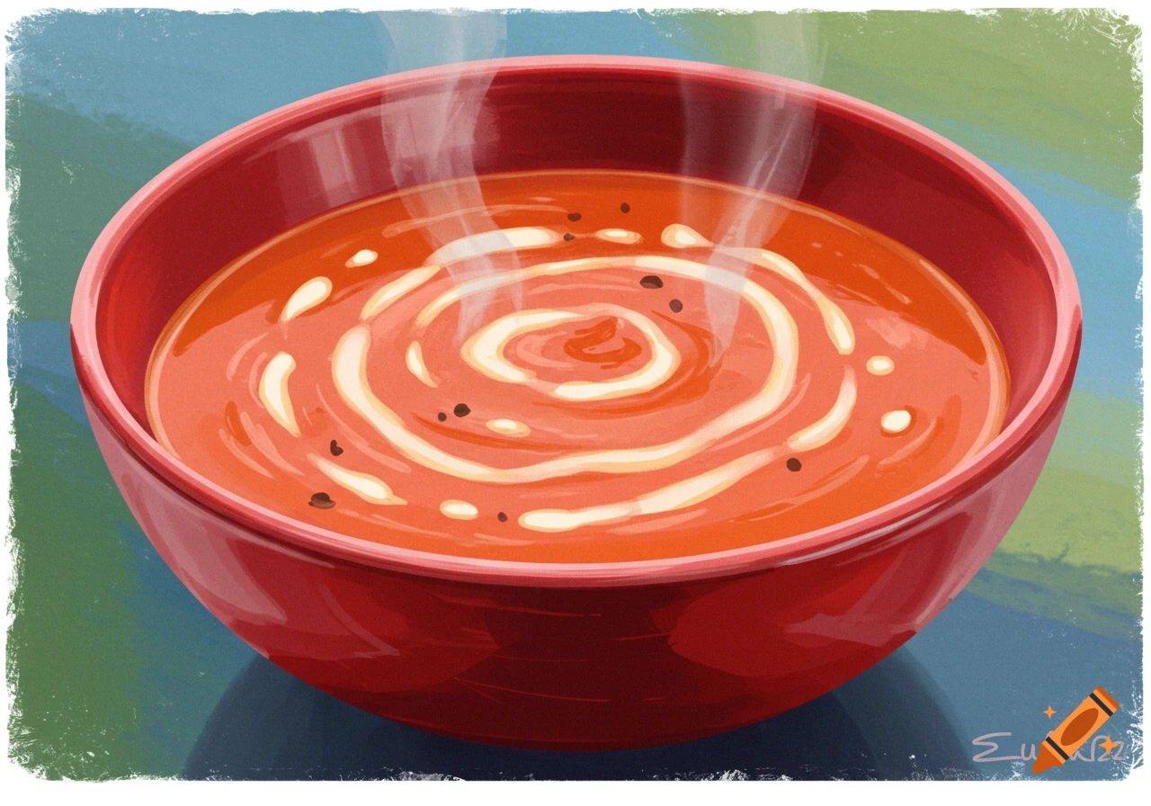 A bowl of hot soup with a swirl of cream on top, illustrated in a painterly style.