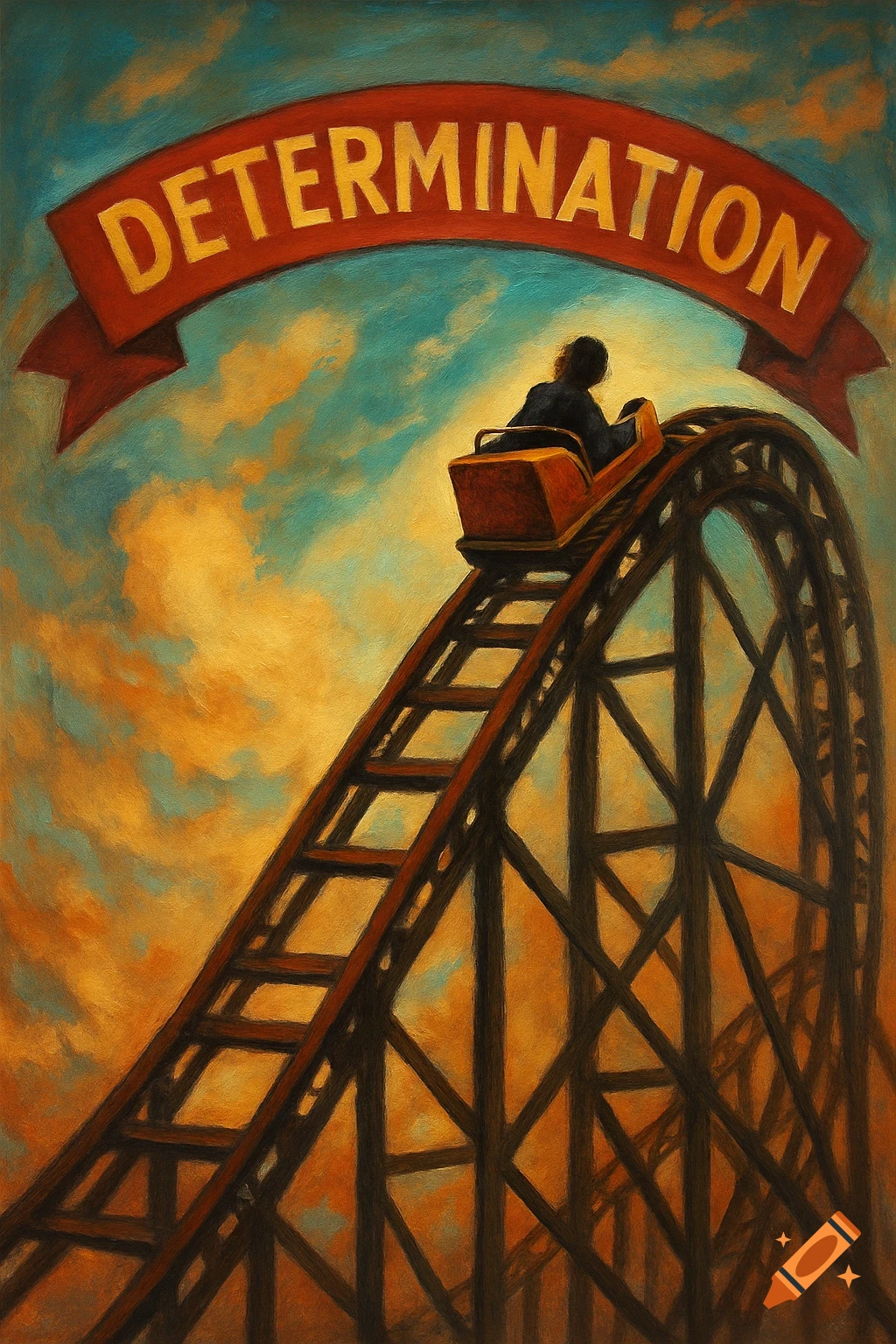 A person on a roller coaster climbing a steep hill under a banner that says 'DETERMINATION', in a painted style.