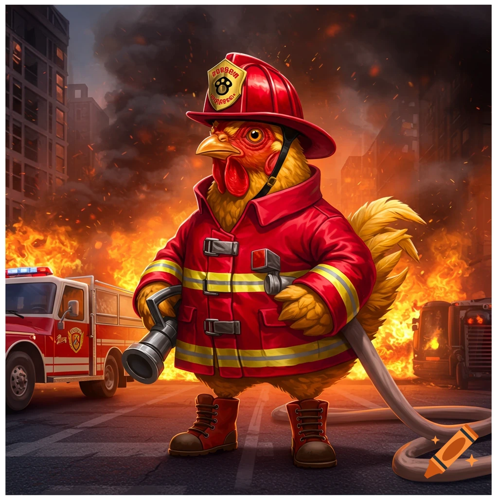 Cartoon chicken dressed as firefighter in a city fire holding a hose nozzle. Fire truck in background.