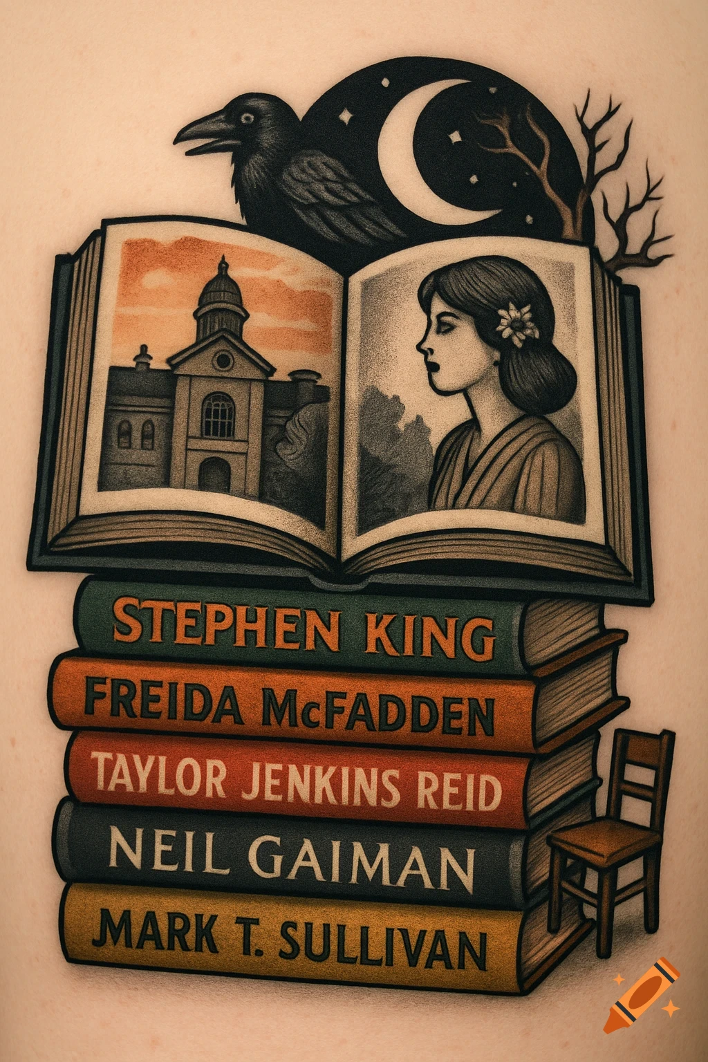 A stack of books with author names, topped by an open book depicting a building, a woman, a raven, and a moon, with a small chair beside it, in a tattoo style.