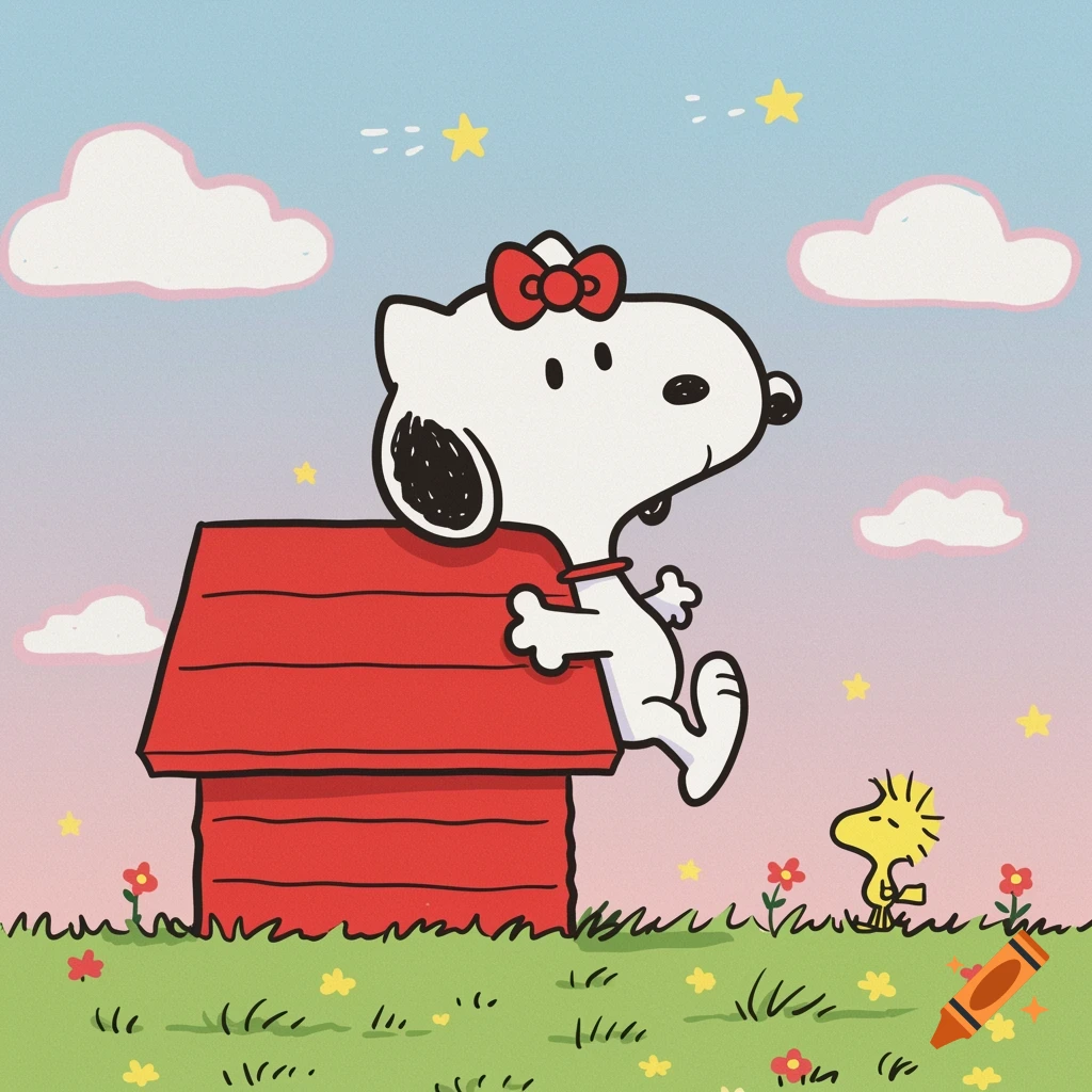 Cartoon of Snoopy with a red bow sitting on his doghouse near Woodstock in a field under a starry sky.