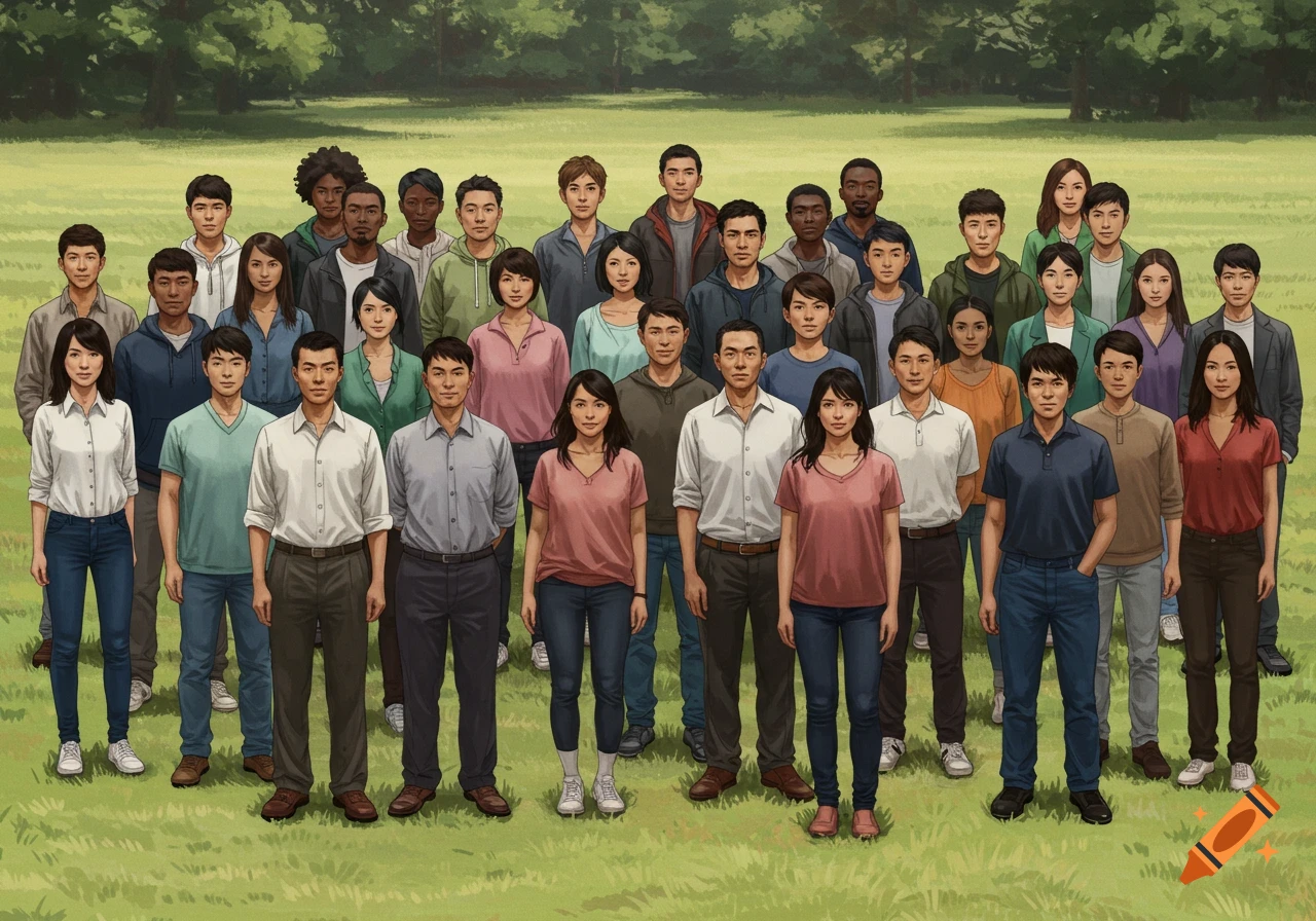 A large group of diverse people stand in rows in a grassy field in an illustration style.