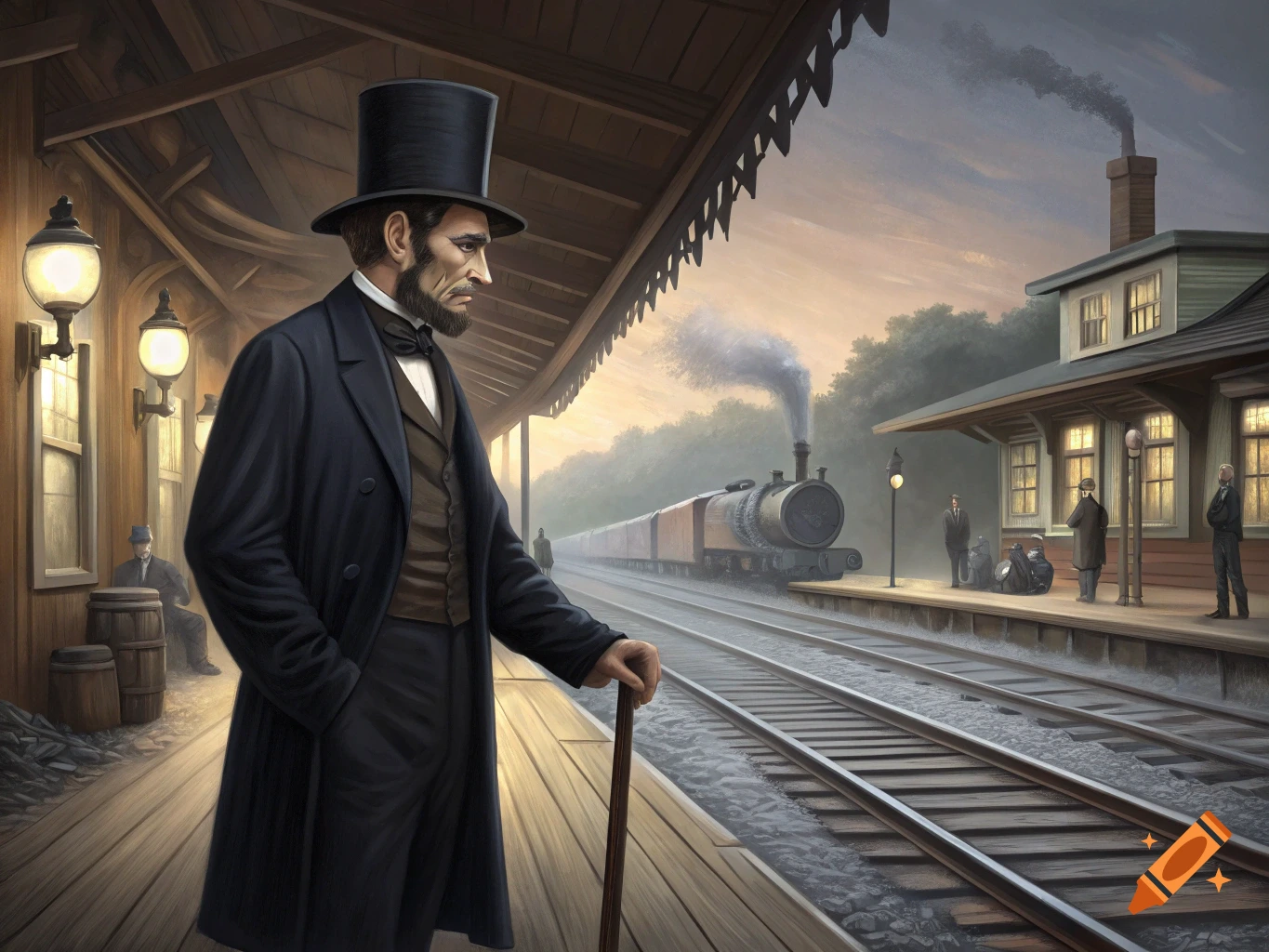 Abraham Lincoln stands on a train station platform with a steam train in the background, in an illustration style.