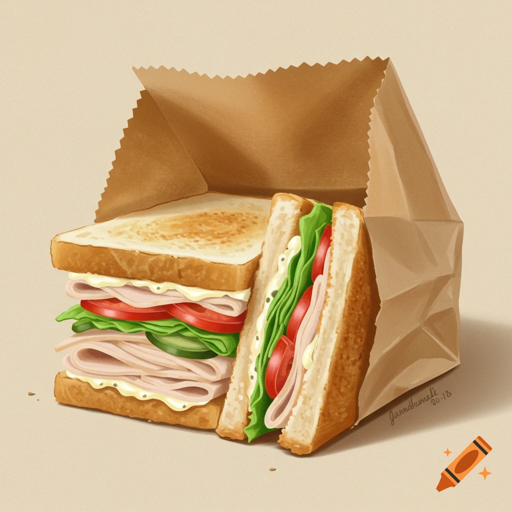 Illustration of a turkey and cheese sandwich in a brown paper bag.