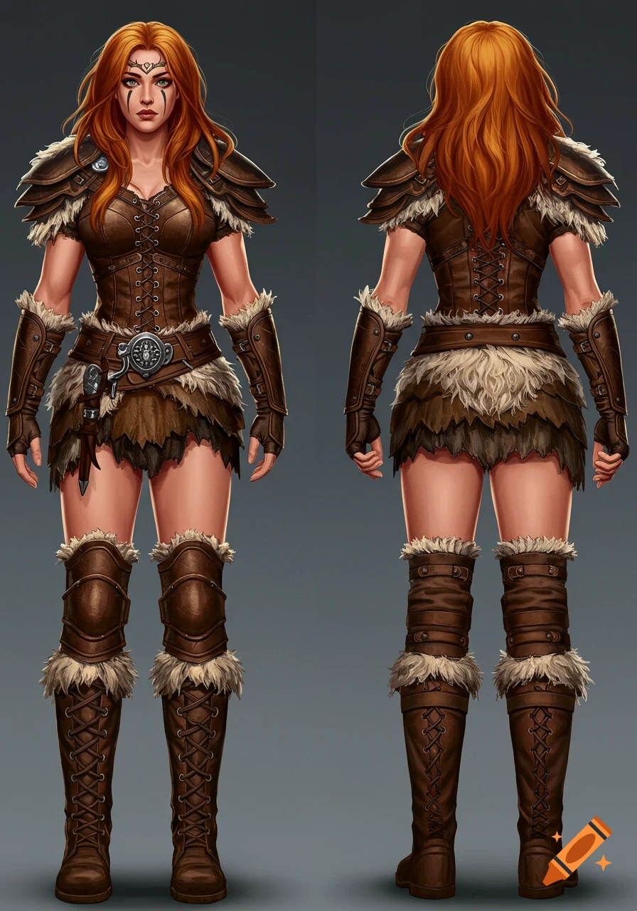 Front and back view of a female barbarian character with red hair wearing leather and fur armor.