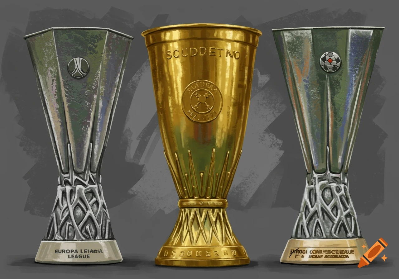 Illustration of three sports trophies: a silver Europa League trophy, a gold Scudetto trophy, and a silver Europa Conference League trophy.