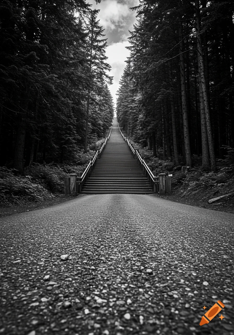 Black and white photo of a very long, steep staircase ascending through a dense forest, viewed from a gravel road at the bottom.