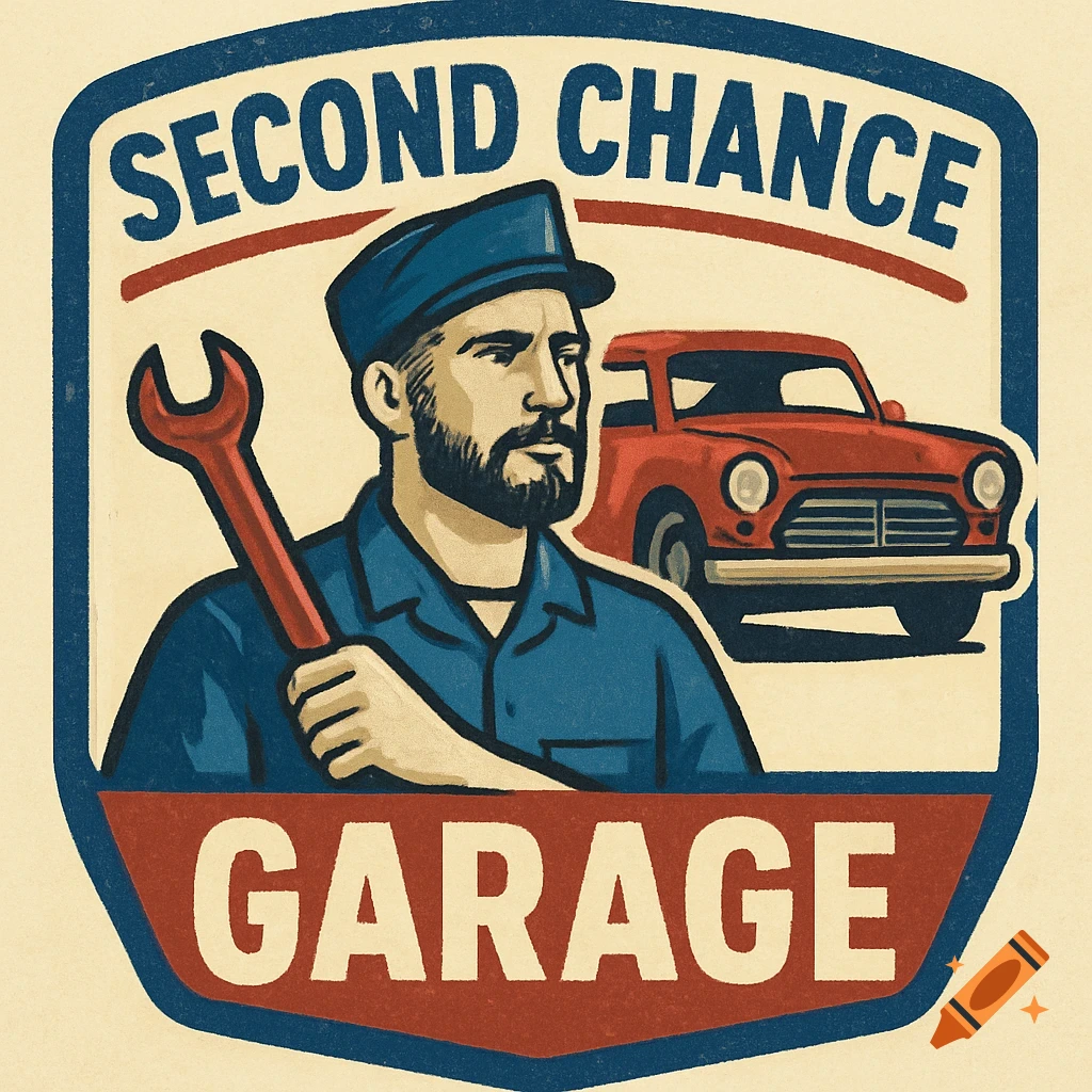 Retro style logo for Second Chance Garage featuring a mechanic holding a wrench and a red car.