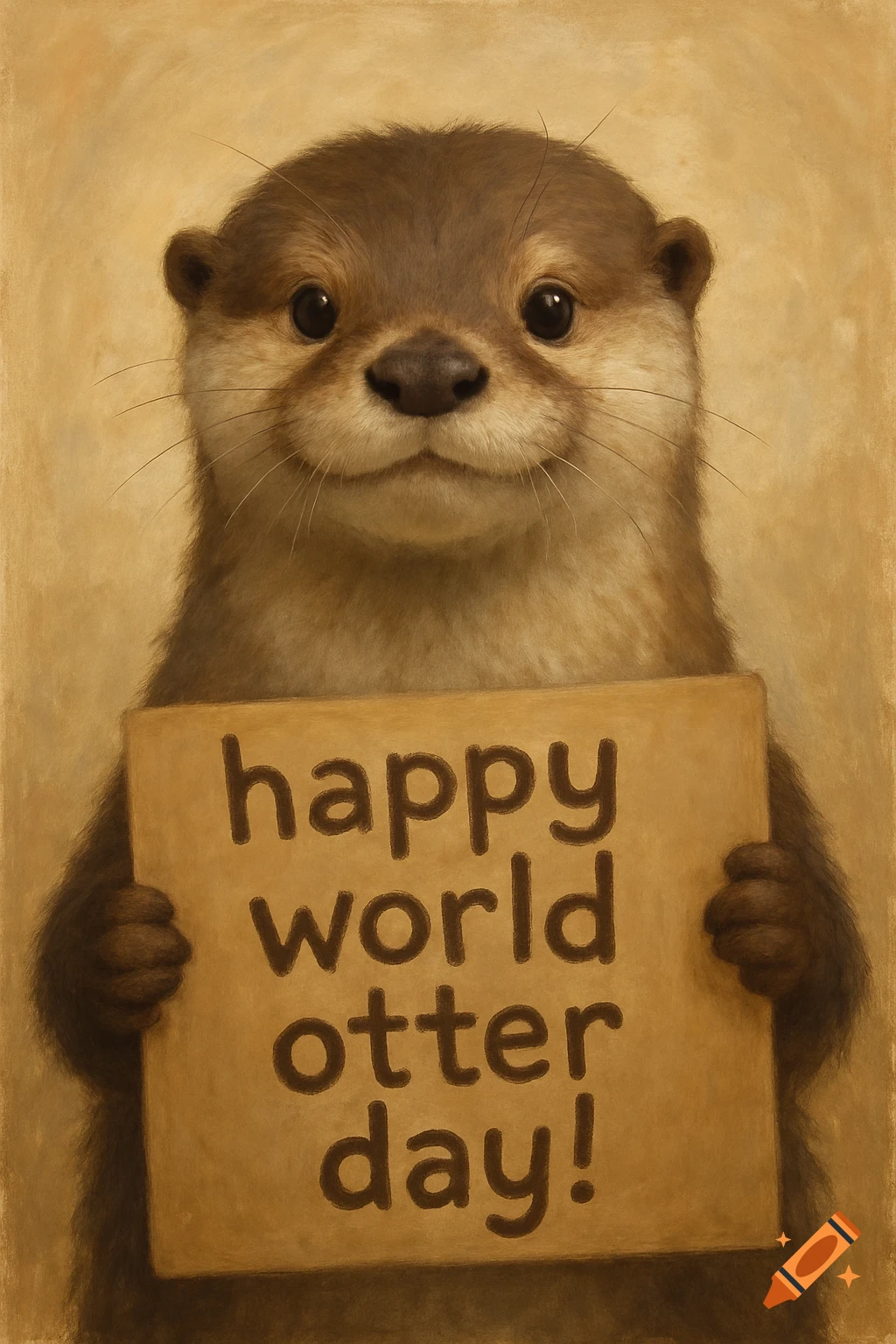 Cute otter holds a sign that says "happy world otter day!".
