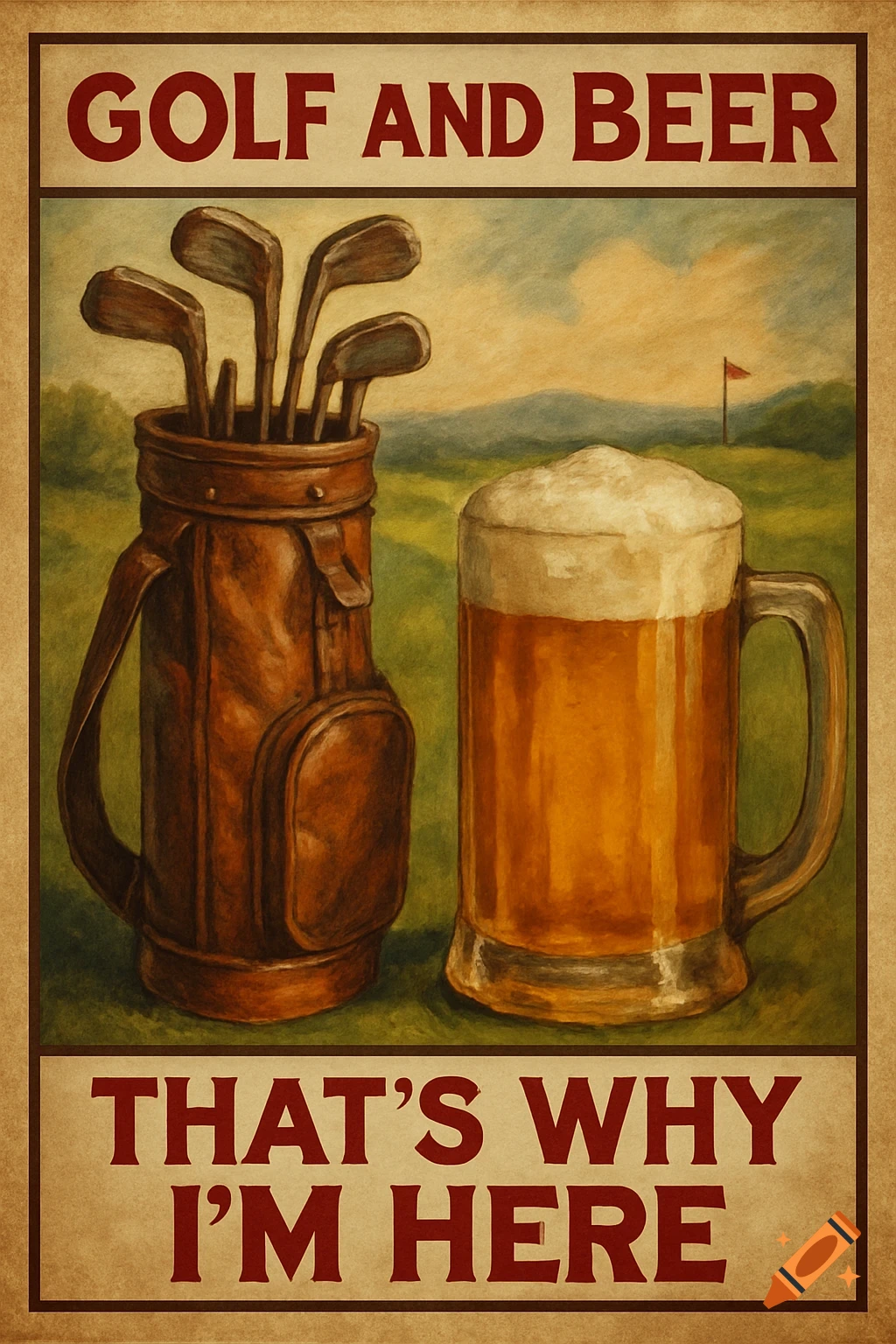 Vintage style poster with a golf bag and beer mug on a golf course, text reads Golf and Beer That's Why I'm Here.