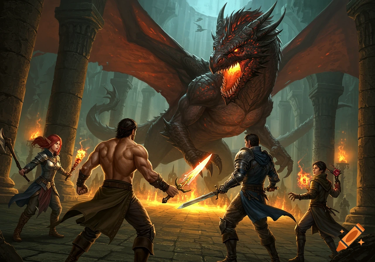 Fantasy illustration of heroes battling a large red dragon in a ruined dungeon.